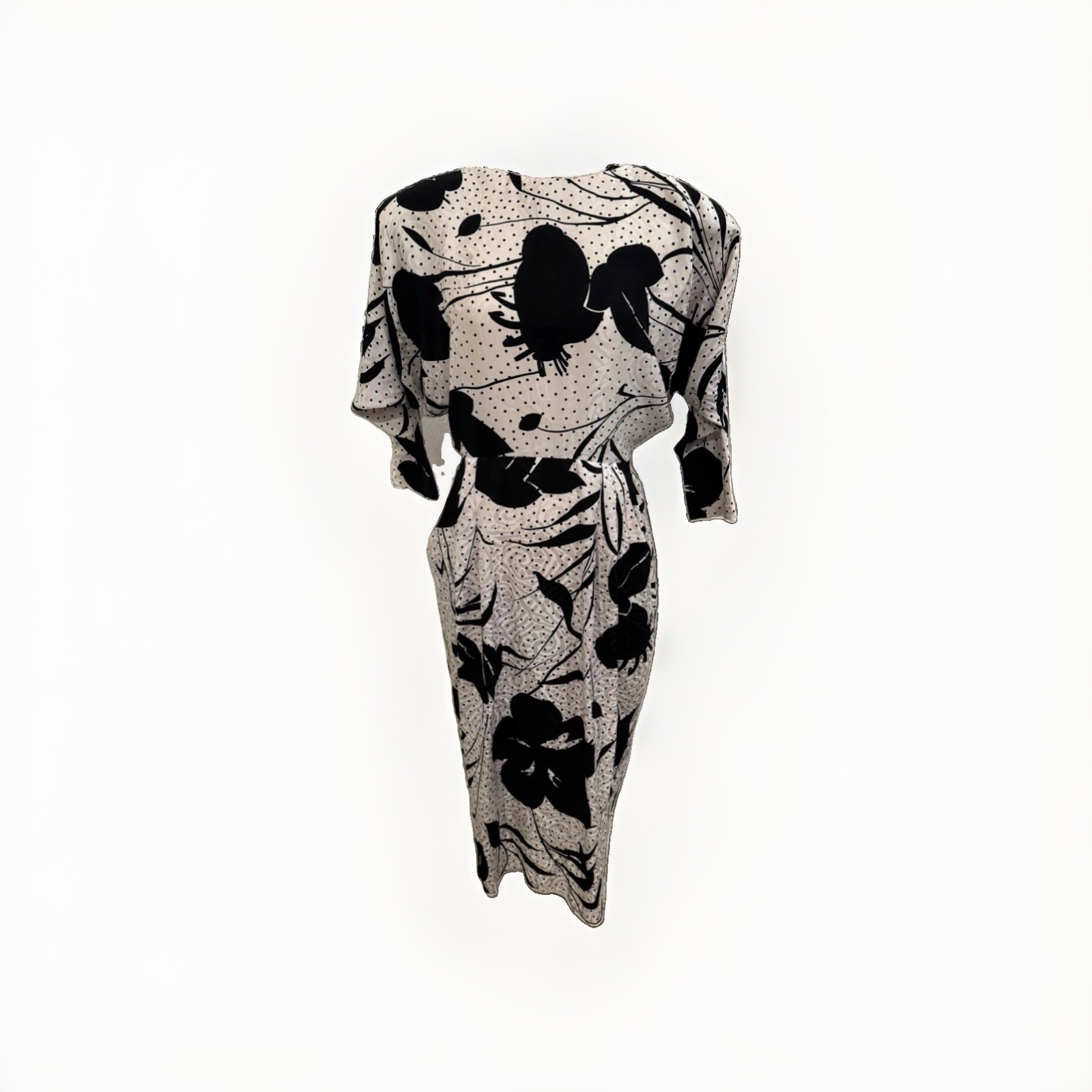 VTG 80s Silks by St Gillian Dress Cream Black Floral Open Cutout Back Midi Silk