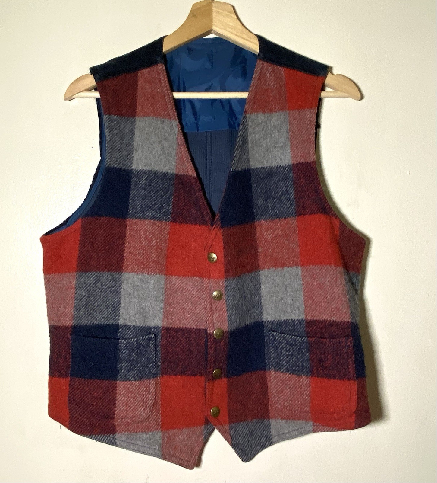 Vintage Lee Union Made Plaid Corduroy Wool Button Up Vest Small Red/Blue Mens