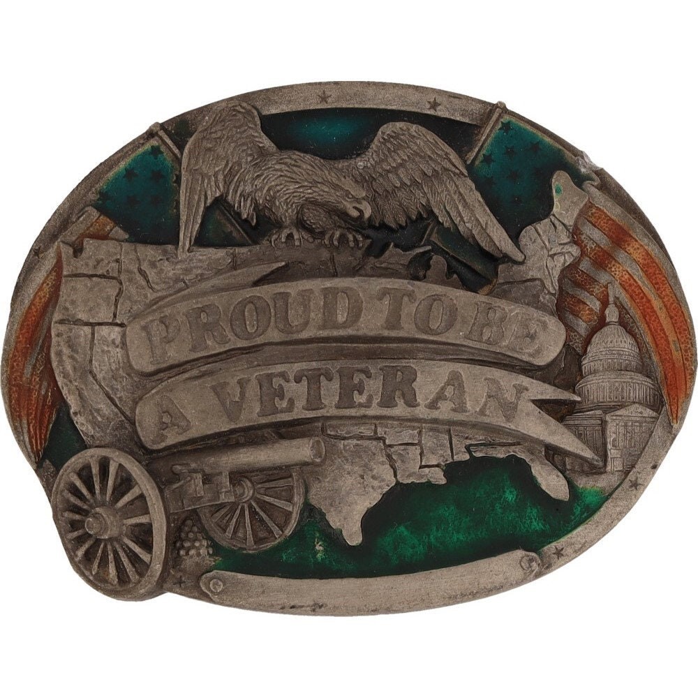 Proud Veteran Iraq Afghanistan World War II Military 1980s Vintage Belt Buckle