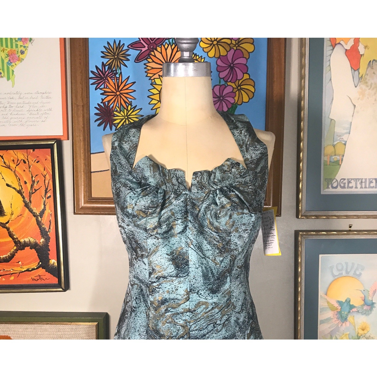 Vintage 1950s Aqua Gold Iridescent Taffeta Halter Dress Wrap Rockabilly Cocktail