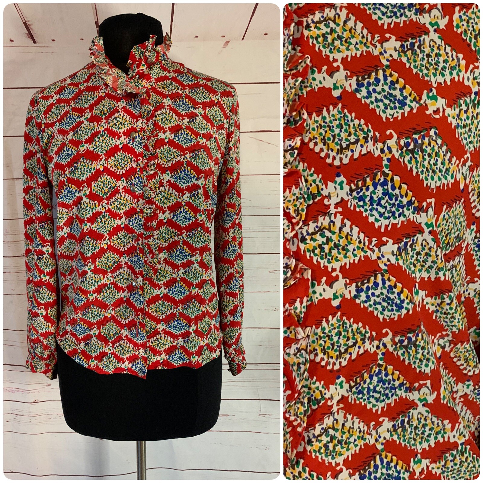 Vintage 70s Frank Olivier Womens Mod Printed Blouse Button Front Small 1970s