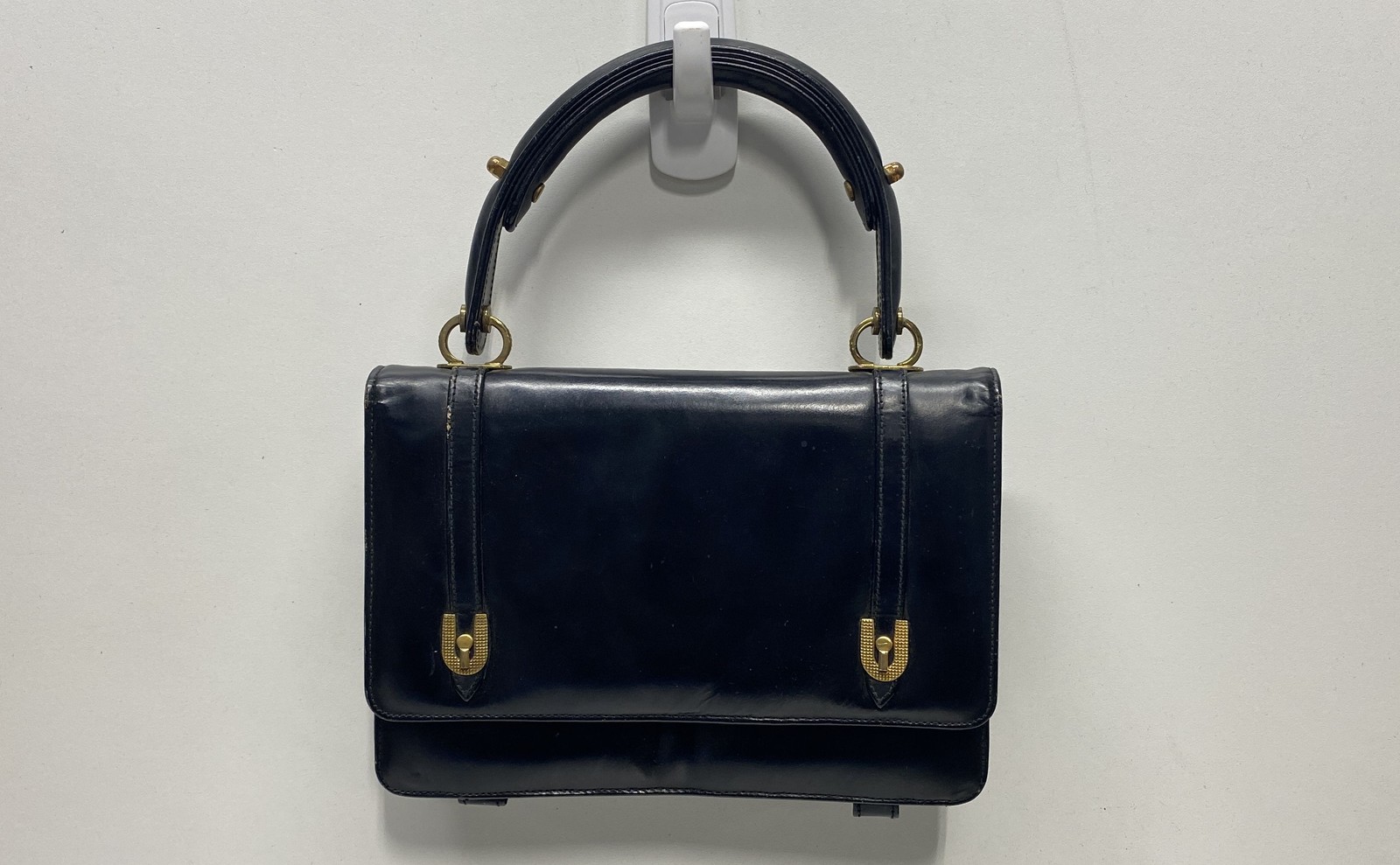 Vintage Ricci Black Leather Top Handle Satchel Handbag Gold Hardware