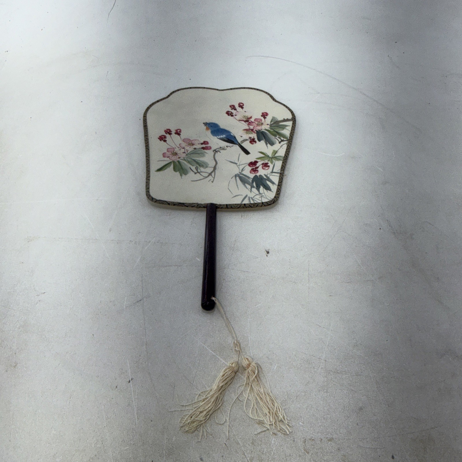 Vintage Chinese Hand Painted Stretched Silk Wood Handle Fan