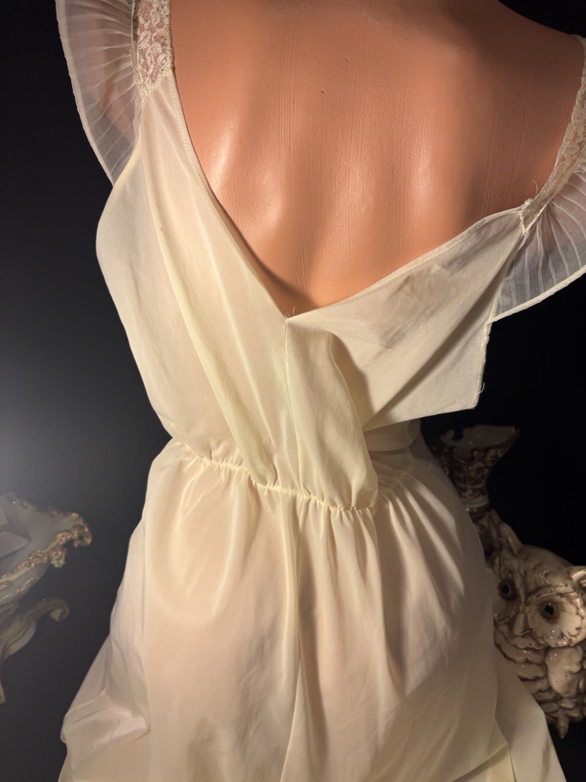 Vtg Silky Sheer Soft Nylon Nightie Yellow Gown w Crystal Pleat Bodice Nightgown