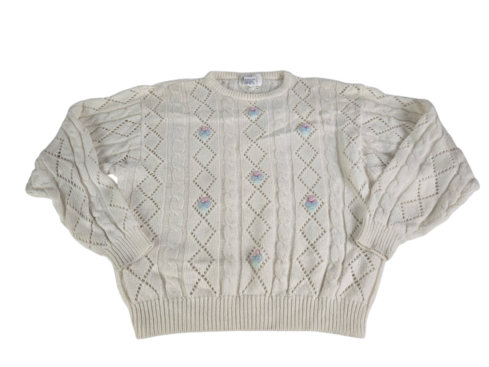 ROUGE Vintàge White Cable Sweater With Embroidered Flowers Size L Cottage Core