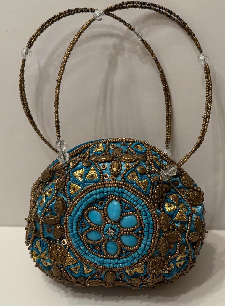 VTG Bougainvillea Beaded Lined Purse – Turquoise & Brass Colored – 11″ x 7″