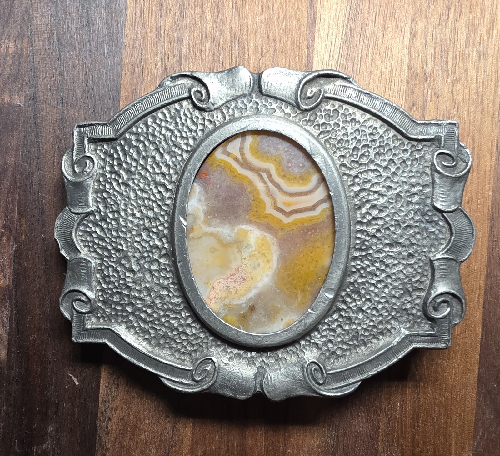 Banded agate Sassens pewter belt buckle-yellow, pink, translucent, white#P-12