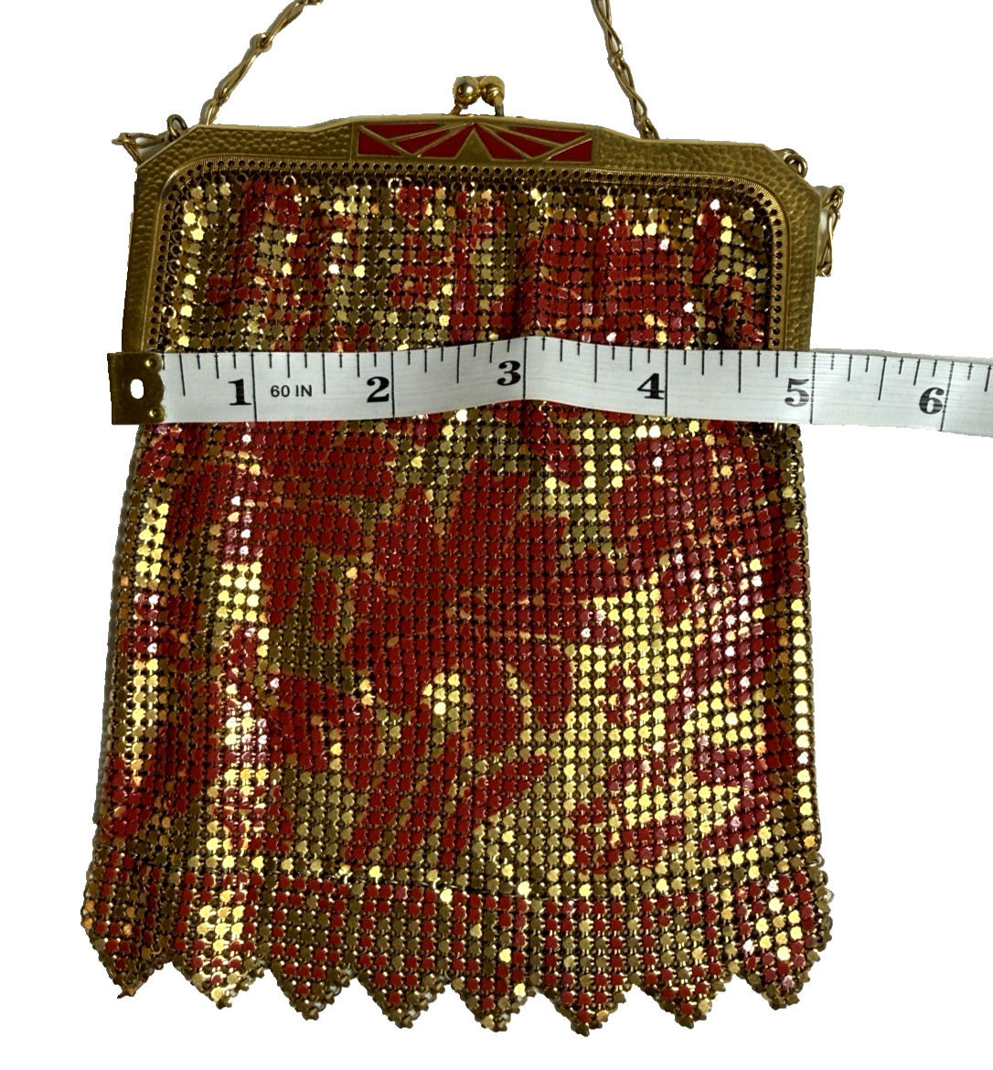 VTG Whiting and Davis Red and Gold Enamel Flower Metal Mesh Evening Bag Flapper