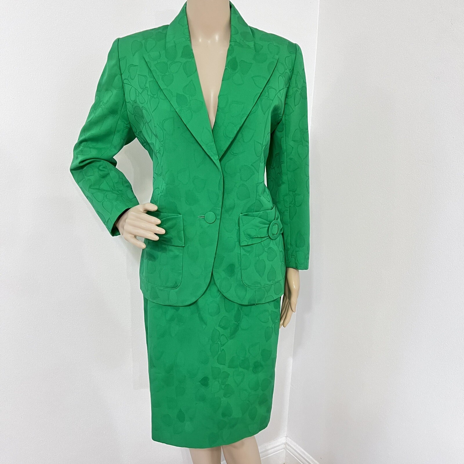 MINT! HANAE MORI Paris 70s Green Suit 2PC Dress Jacket + Pencil Skirt SZ 38 US 6