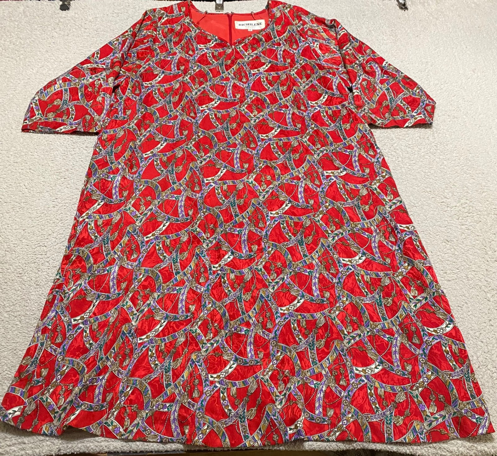 Vintage Richilene Womens Small Dress Red Geometric 3/4 Sleeve V-Neck Midi 70s