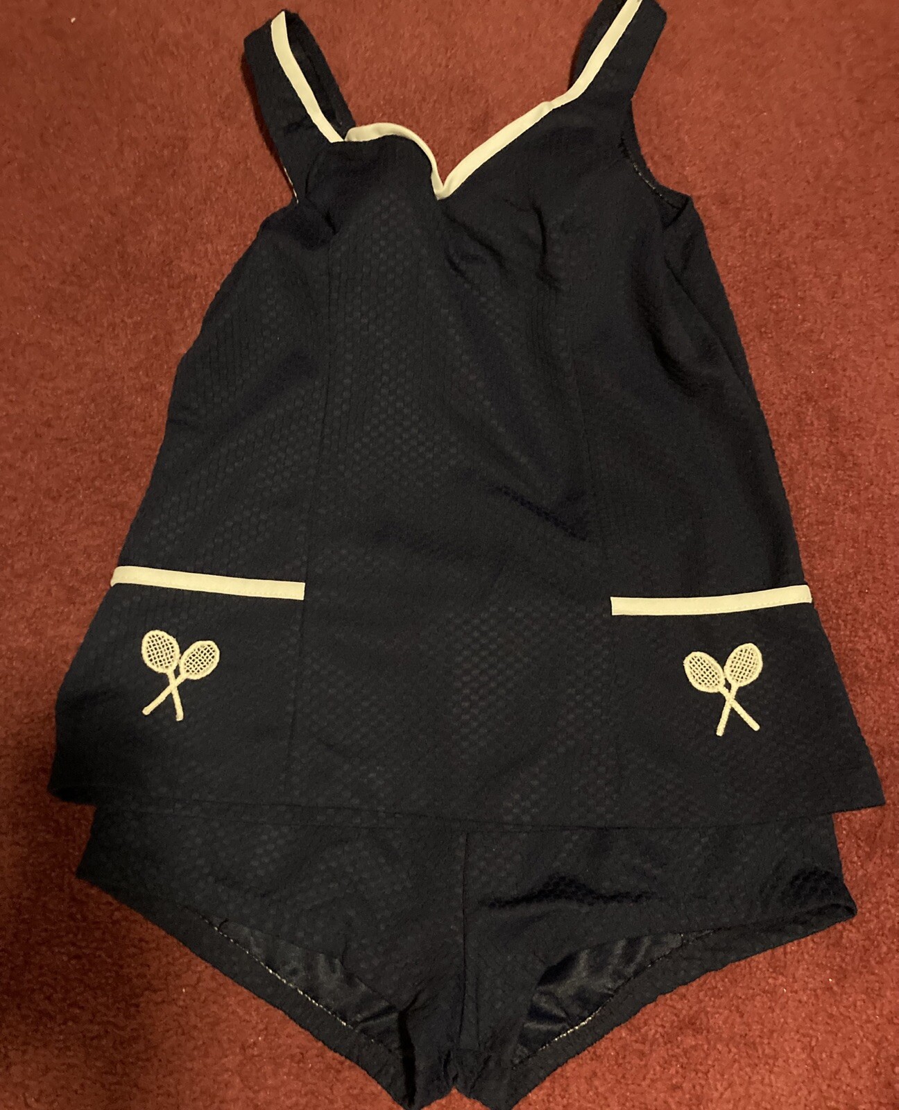Vintage Swimsuit Bathing Suit Navy With White Trim 1970’s Full 2 Piece Textured
