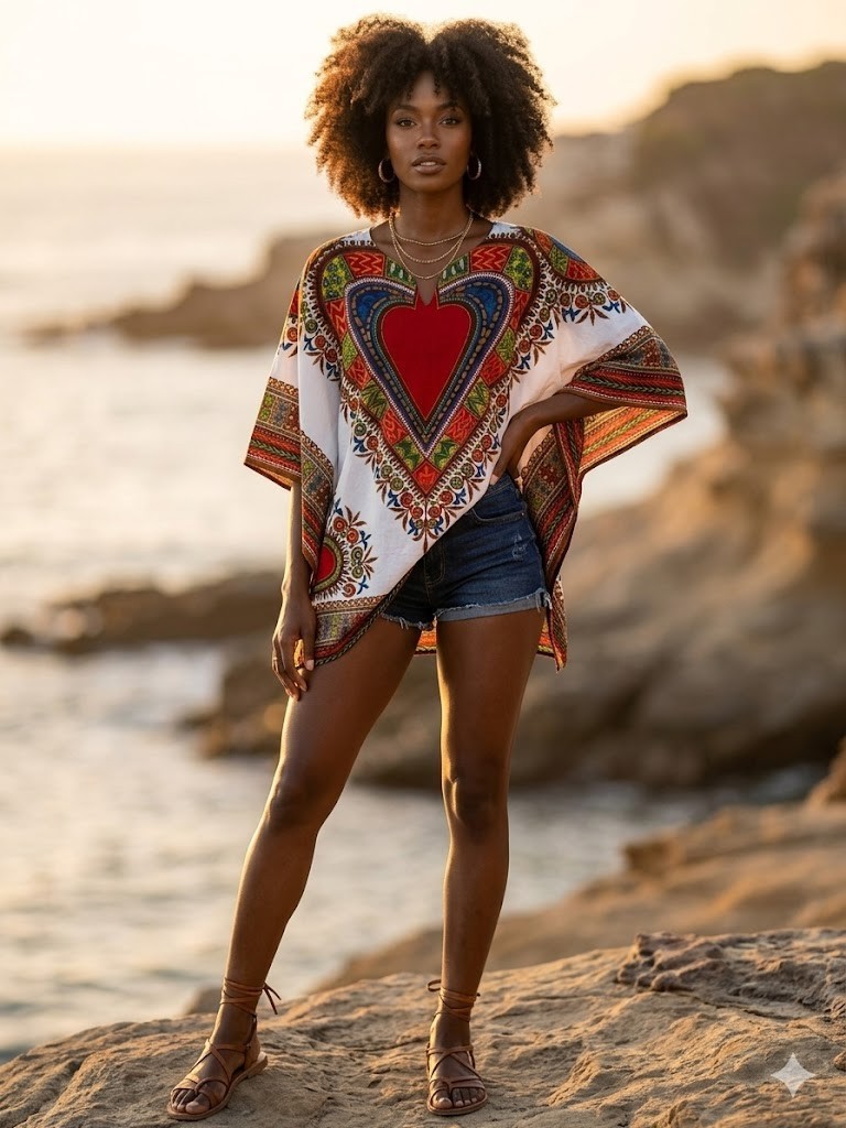 Vintage 70s Dashiki Tunic Bell Sleeve Boho Hippie Blouse Kaftan Poncho Top OS