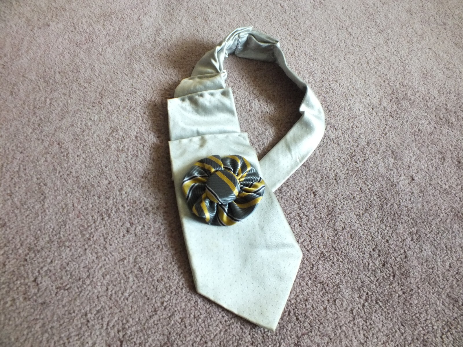 Repurposed Upcycled Tie to Necklace Scarf Removeable Pin Gray Gold One of Kind