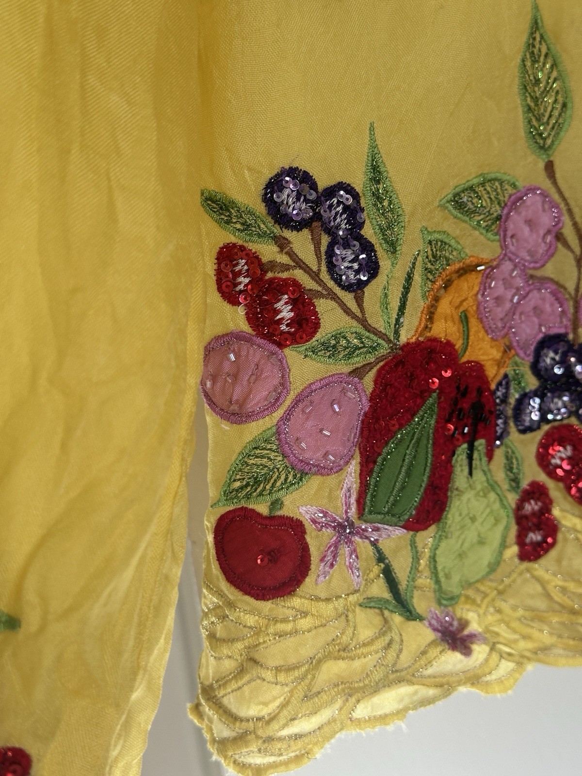 VTG Neil’s Silk Blouse Jacket XL Yellow Fruit Cherries Embroidery F16
