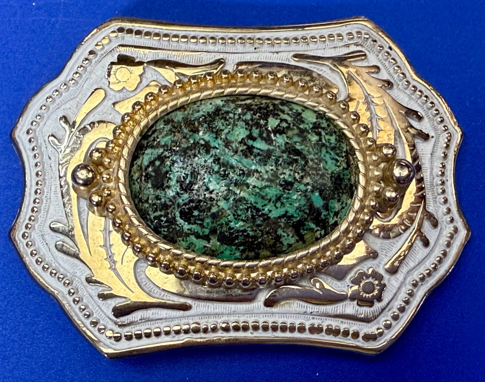 African Turquoise ? Green Cabochon Stone Cab On Gold & White Color Belt Buckle