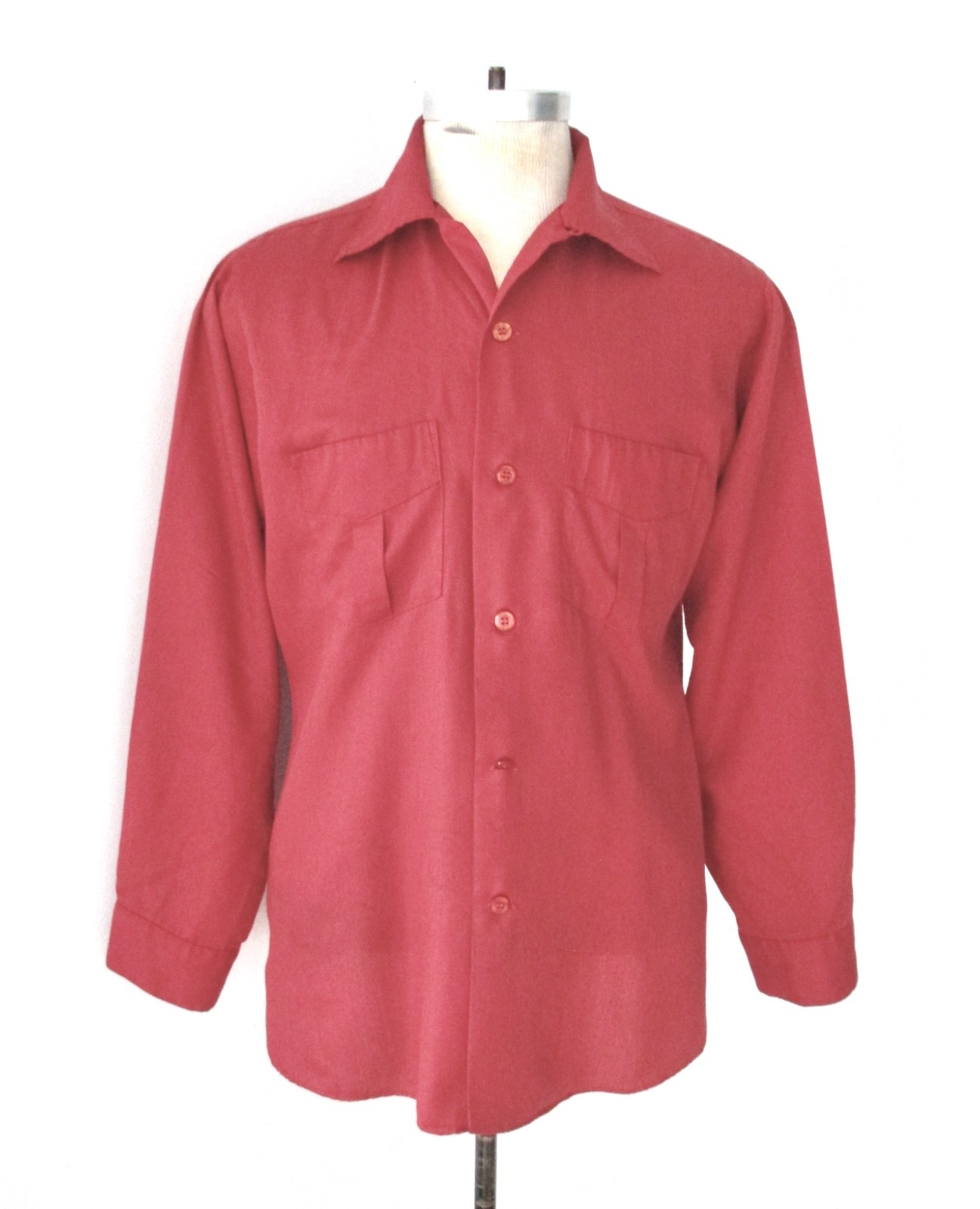 Vtg 50s Rockabilly Brick Red Thin Sanforized Cotton 2-Pocket Button Loop Shirt L