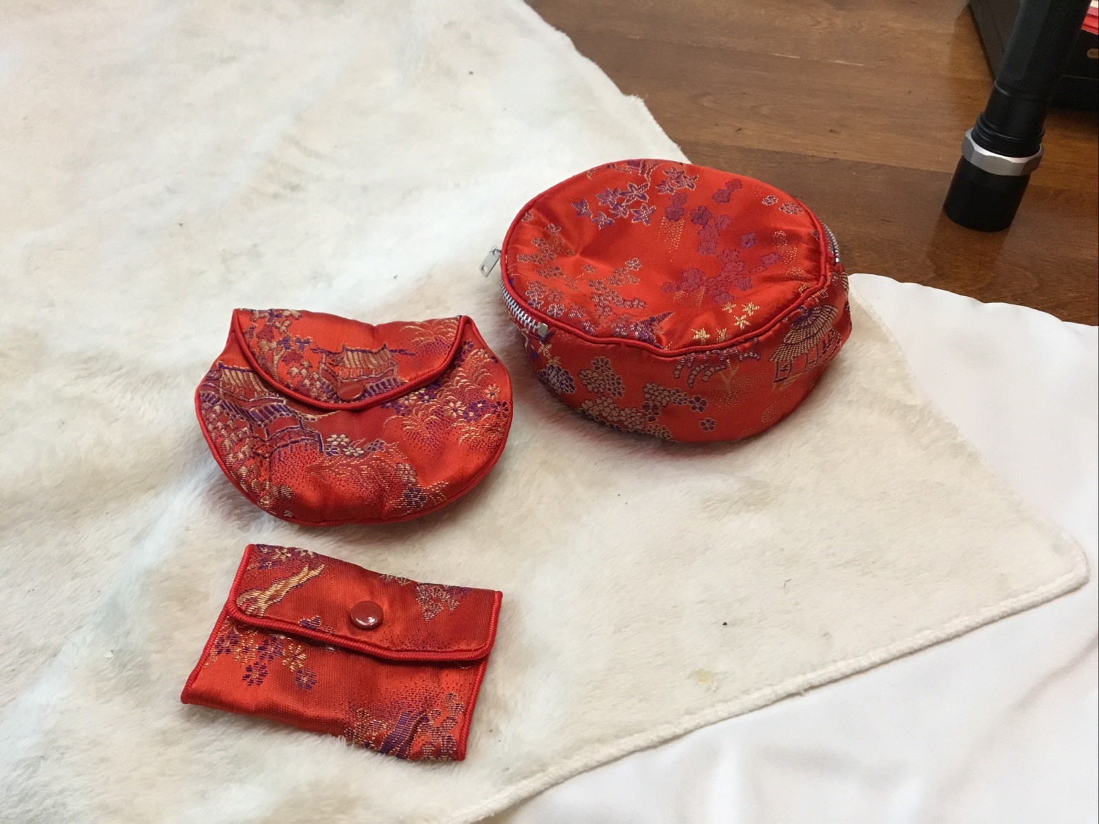 Red Asian Silk Brocade 3 Round Zip Pouch + Coin Purse + Jewelry Case