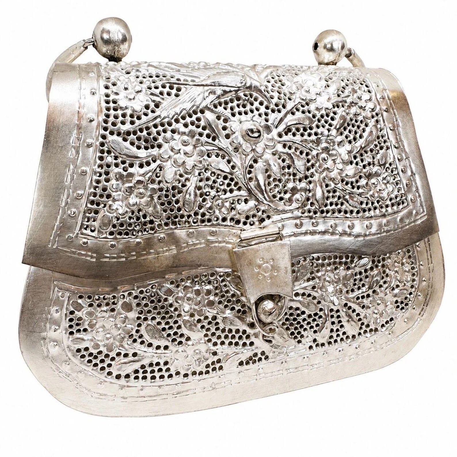 Antique Silver Gilt Handbag – Ornate Metal Purse Collectible, Vintage Object