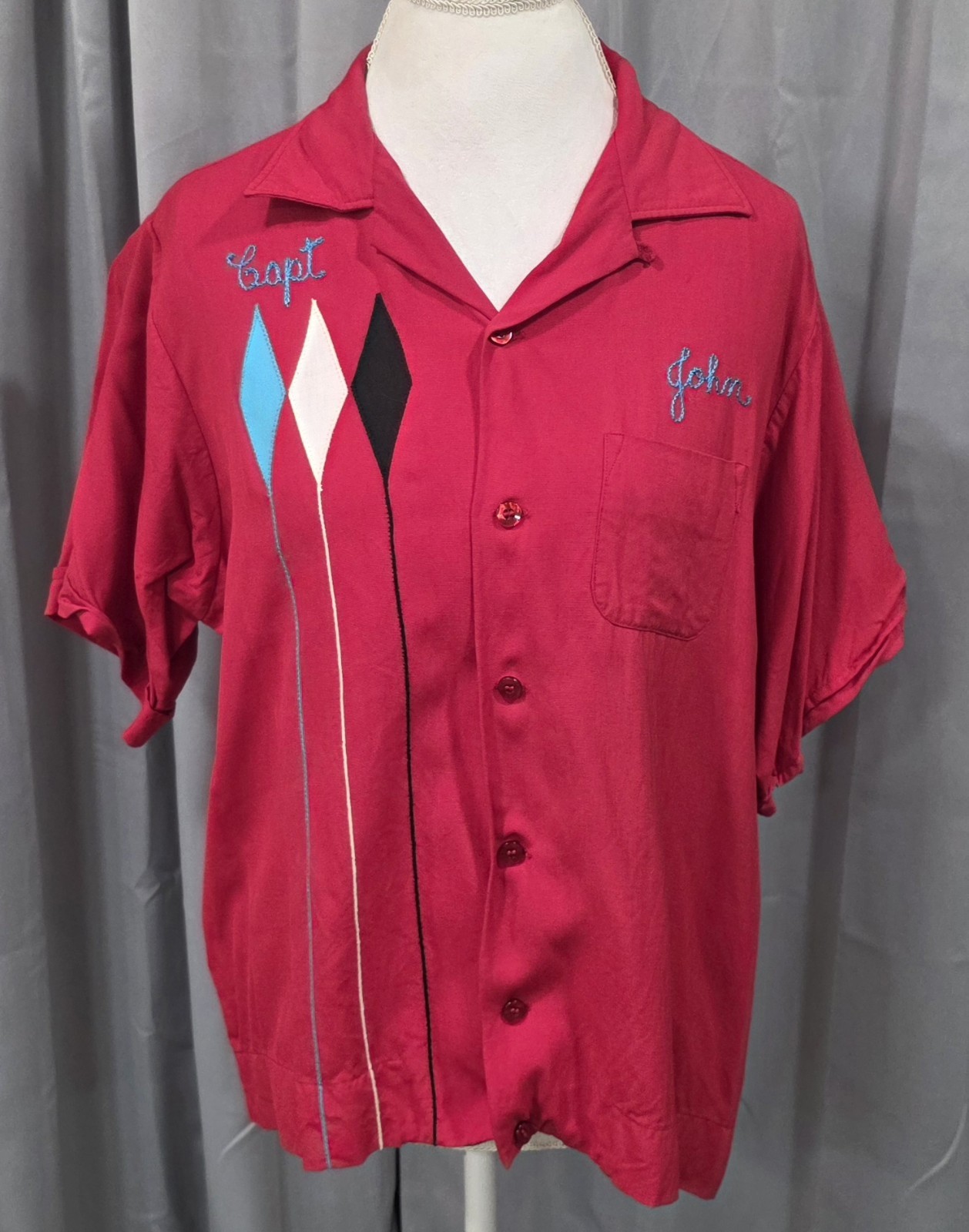 Vtg 50s Loop Collar Button Down Shirt King Louie Gabardine Measurements In Photo