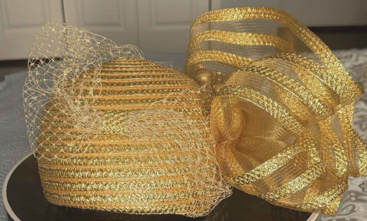 Fascinator Hat Bow Veil Pillbox Metallic Gold Kentucky Derby Church Fashion Hat