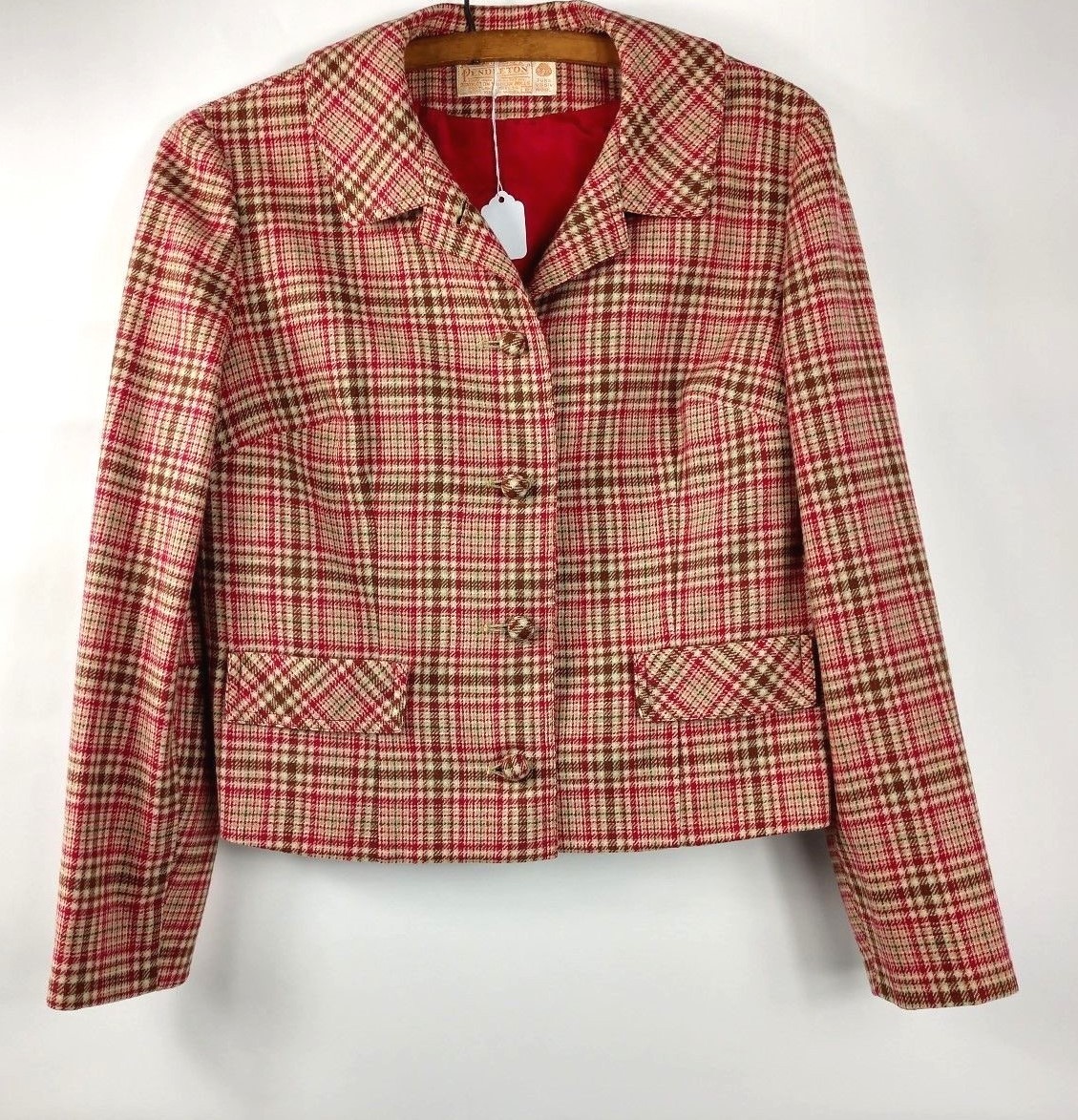 Pendleton Virgin 100% Wool Red Olive Green Tan Plaid Blazer Jacket Waist Length