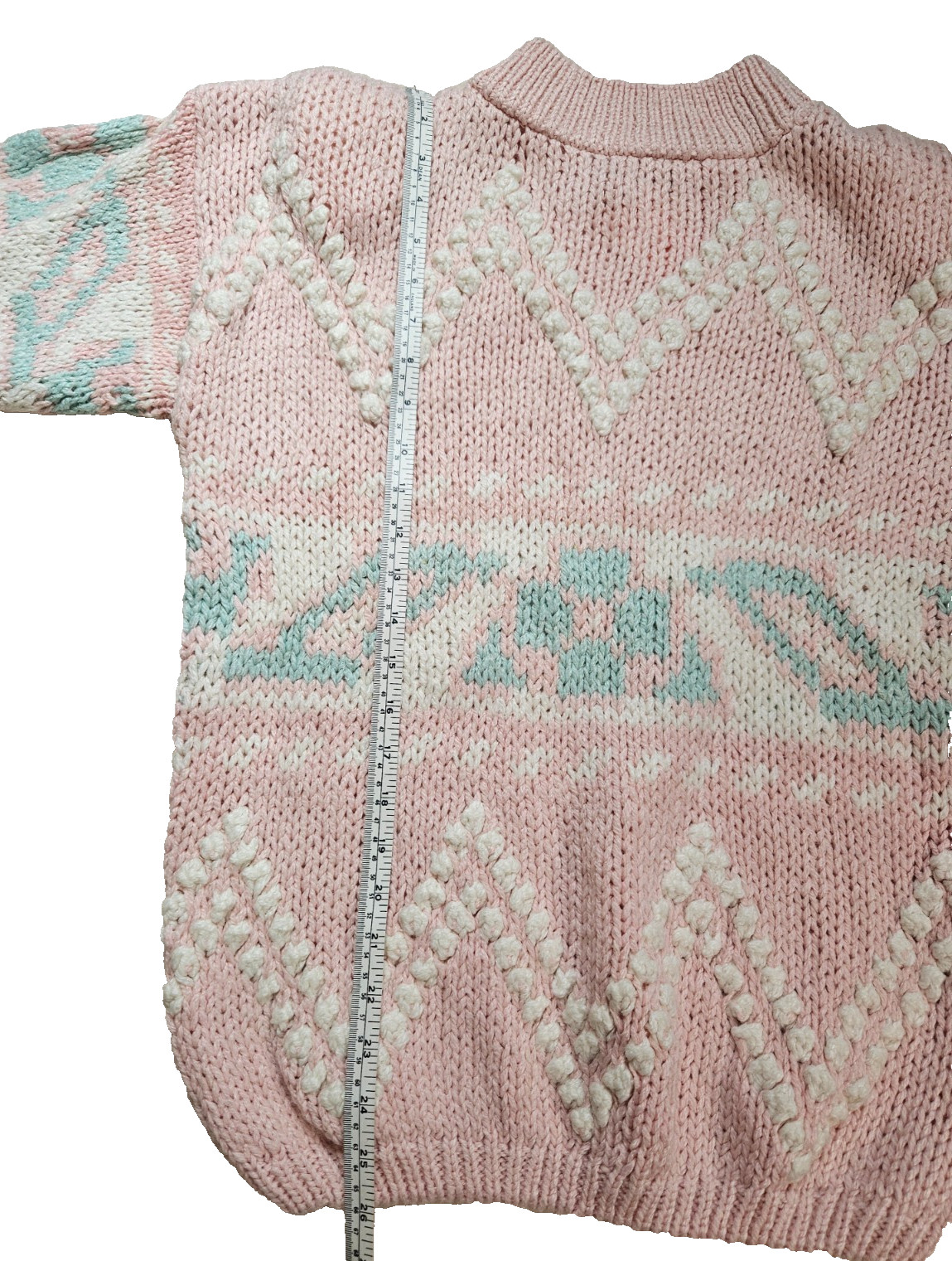 GENOA Collection Vintage Pink+Teal+White Knit Sweater Size M Feminine Pullover