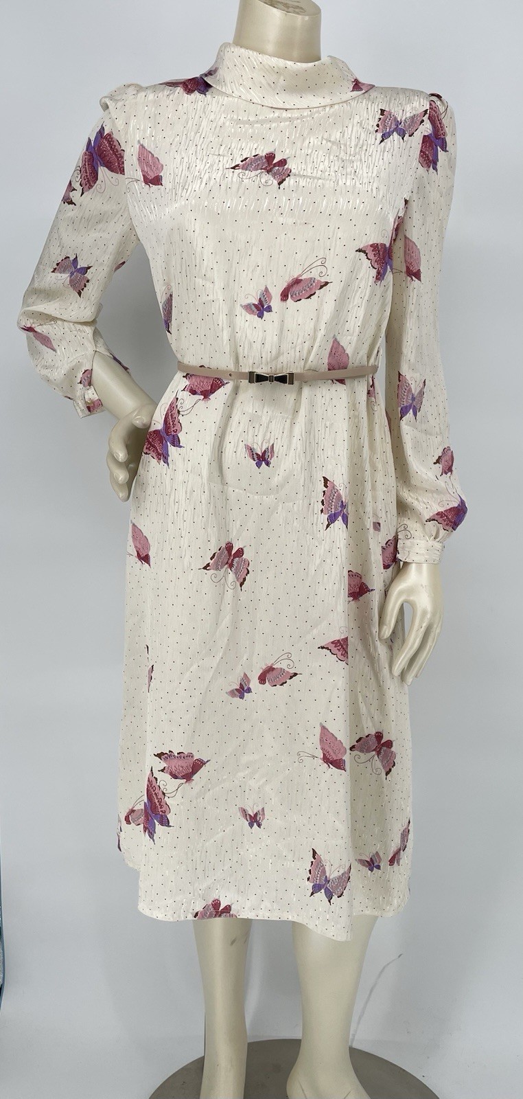 Vintage 1980s Elegant Asian Floating Butterfly Puff Shoulder Sheath Dress sm/md