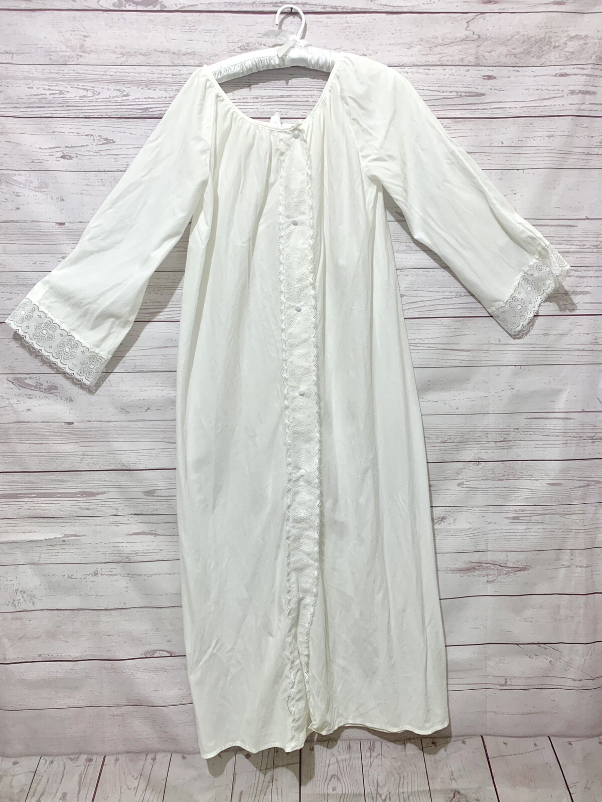 Vtg Beige Button Nightgown w/lace Acetate Nylon Large Romantic Cottage core