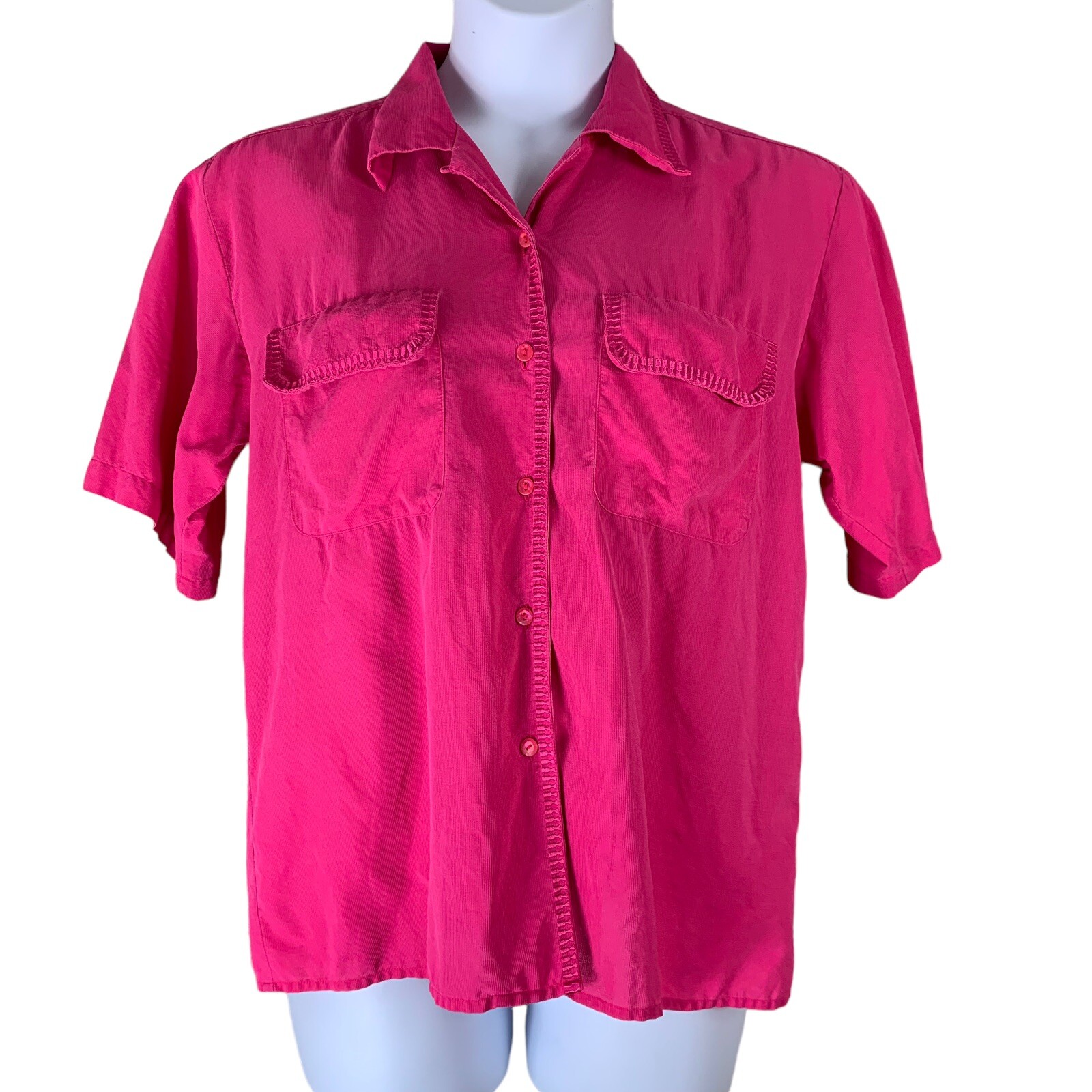 Vintage Silk Blouse Size Large Pink Button Up Short Sleeved Fiji Sport Shirt