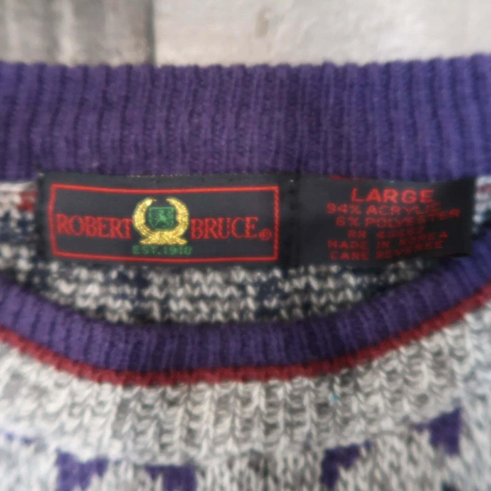 Robert Bruce Mens Large Vintage Grey Star Print Sweater Retro 80s 90s