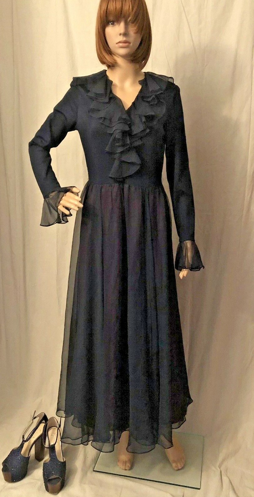 Vintage Miss Elliette Maxi Dress Navy Blue Trumpet Sleeve Ruffled Neckline Med