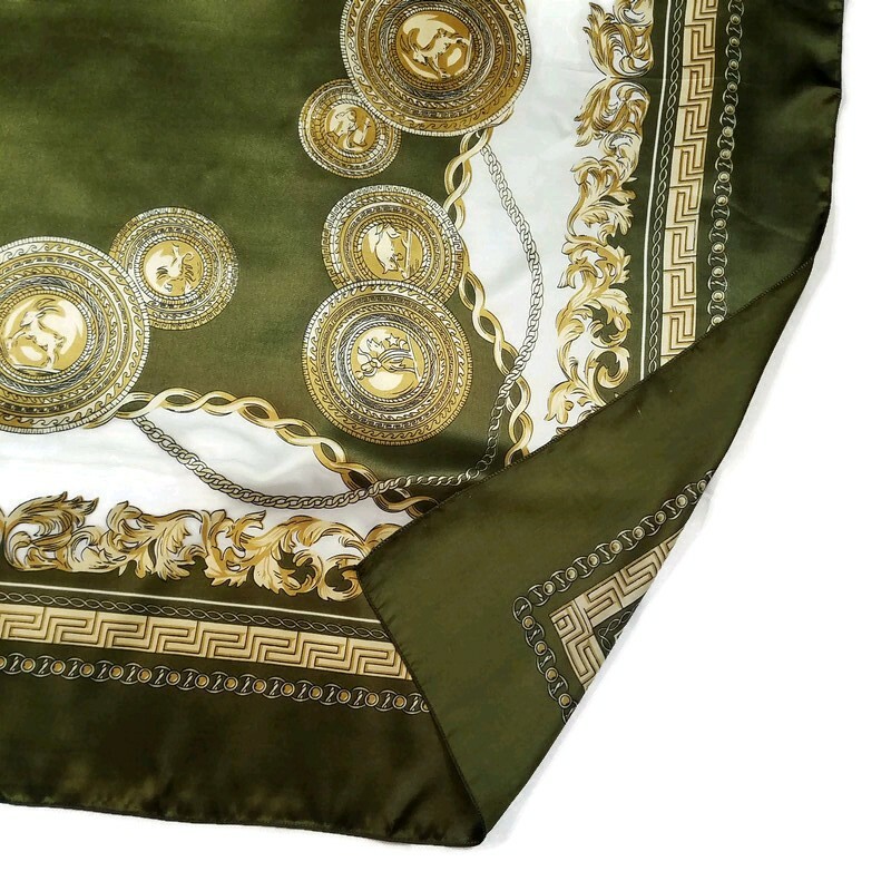 Scarf Square Vintage Olive Green Gold Coins 41″ Wrap Shawl Throw Scarves 1990s