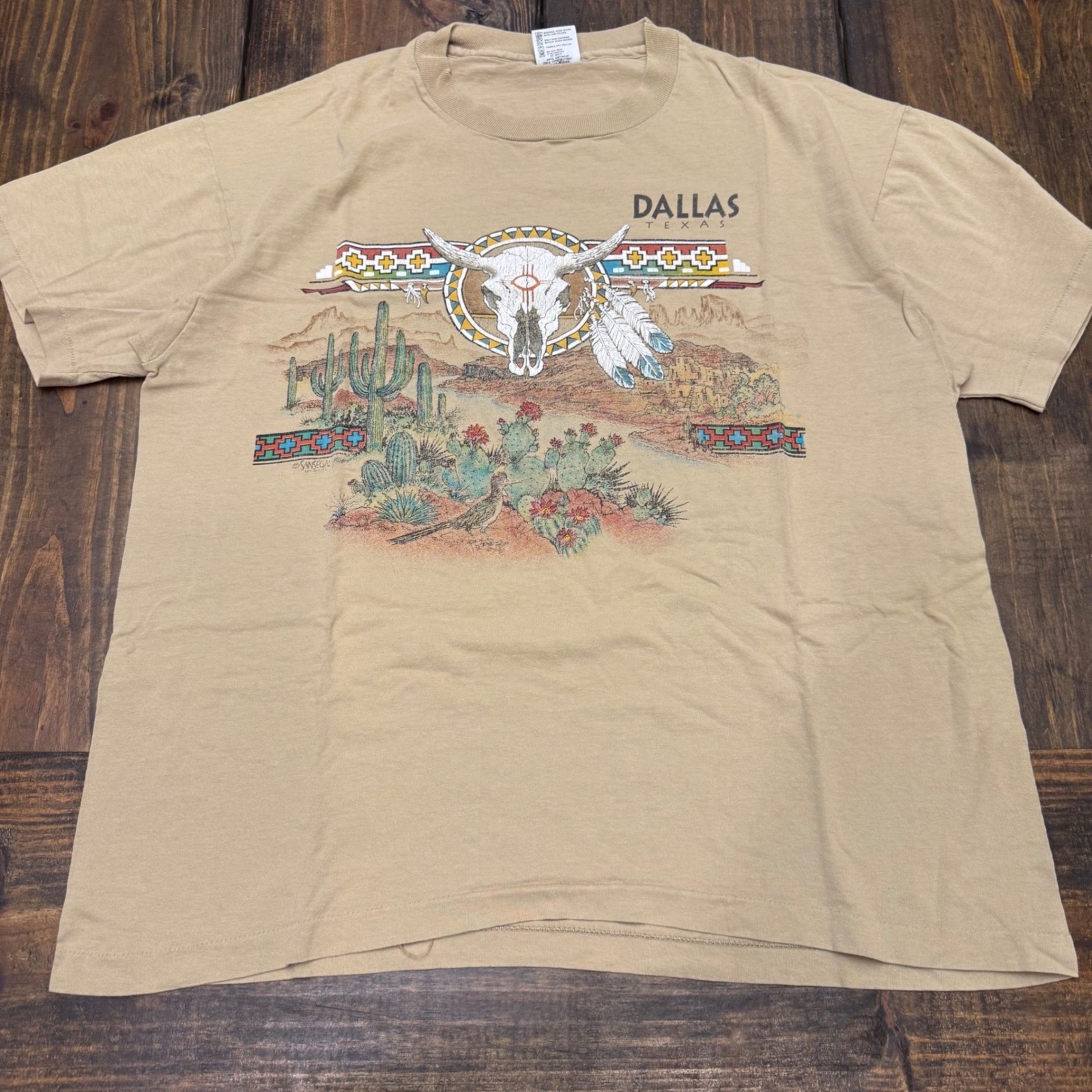 Vintage Anvil Dallas Texas Graphic T-Shirt Tan XL Southwestern Steer Skull USA
