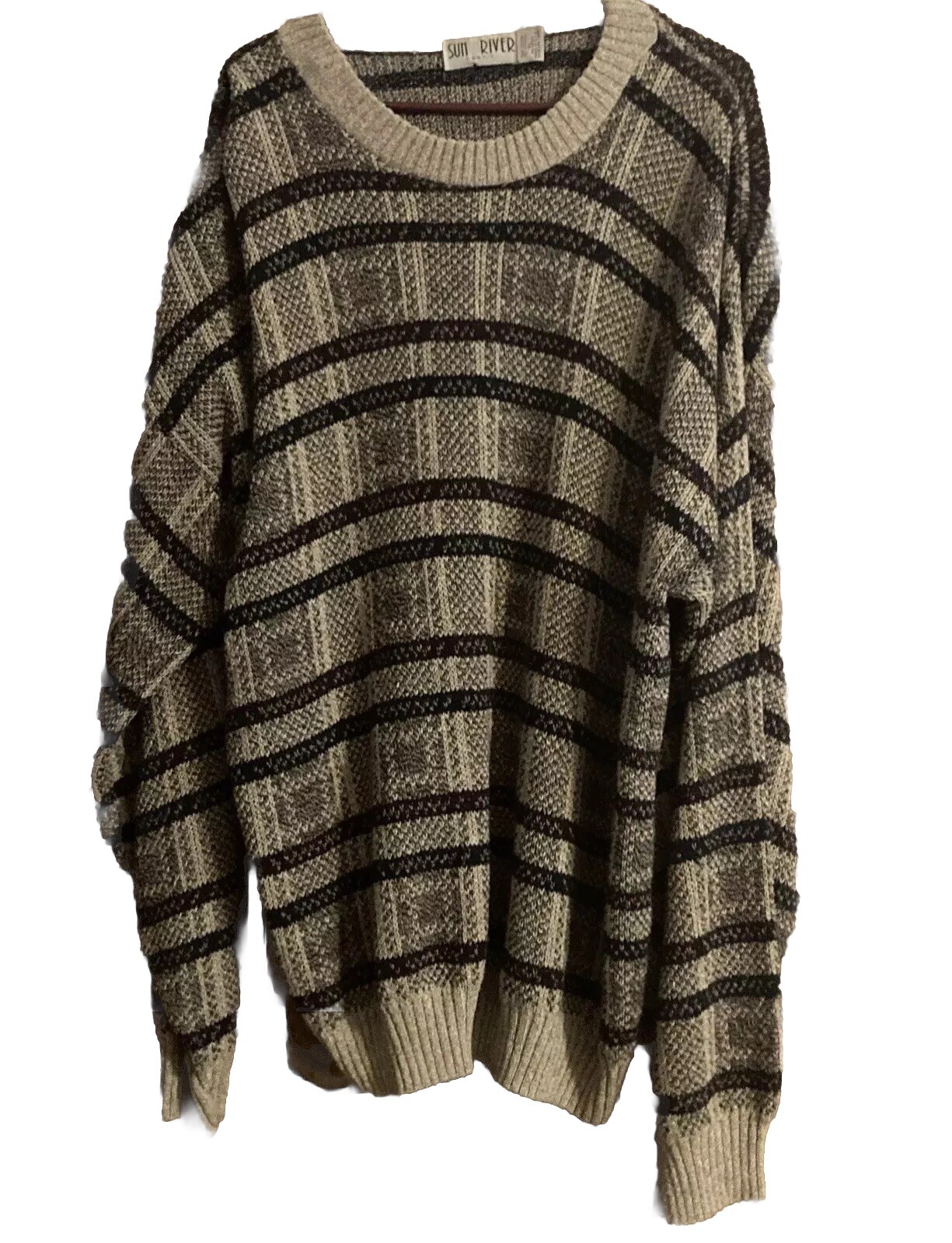 Vtg.Sun River Khaki Pullover Cable Knit Sweater Cotton/Acrylic Brown Tan Blk XL