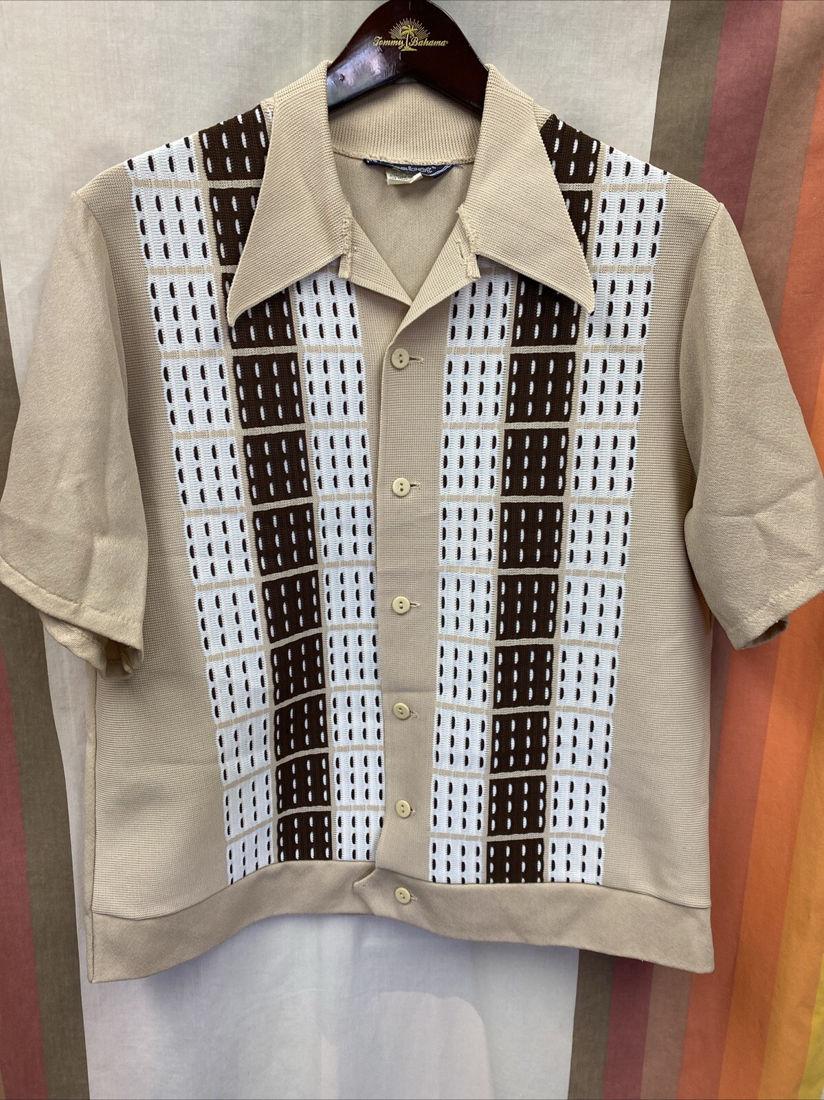 Vintage 70s Tan Cabot Button Up Shirt Bowling Button Down Sz XL Disco Rockabilly