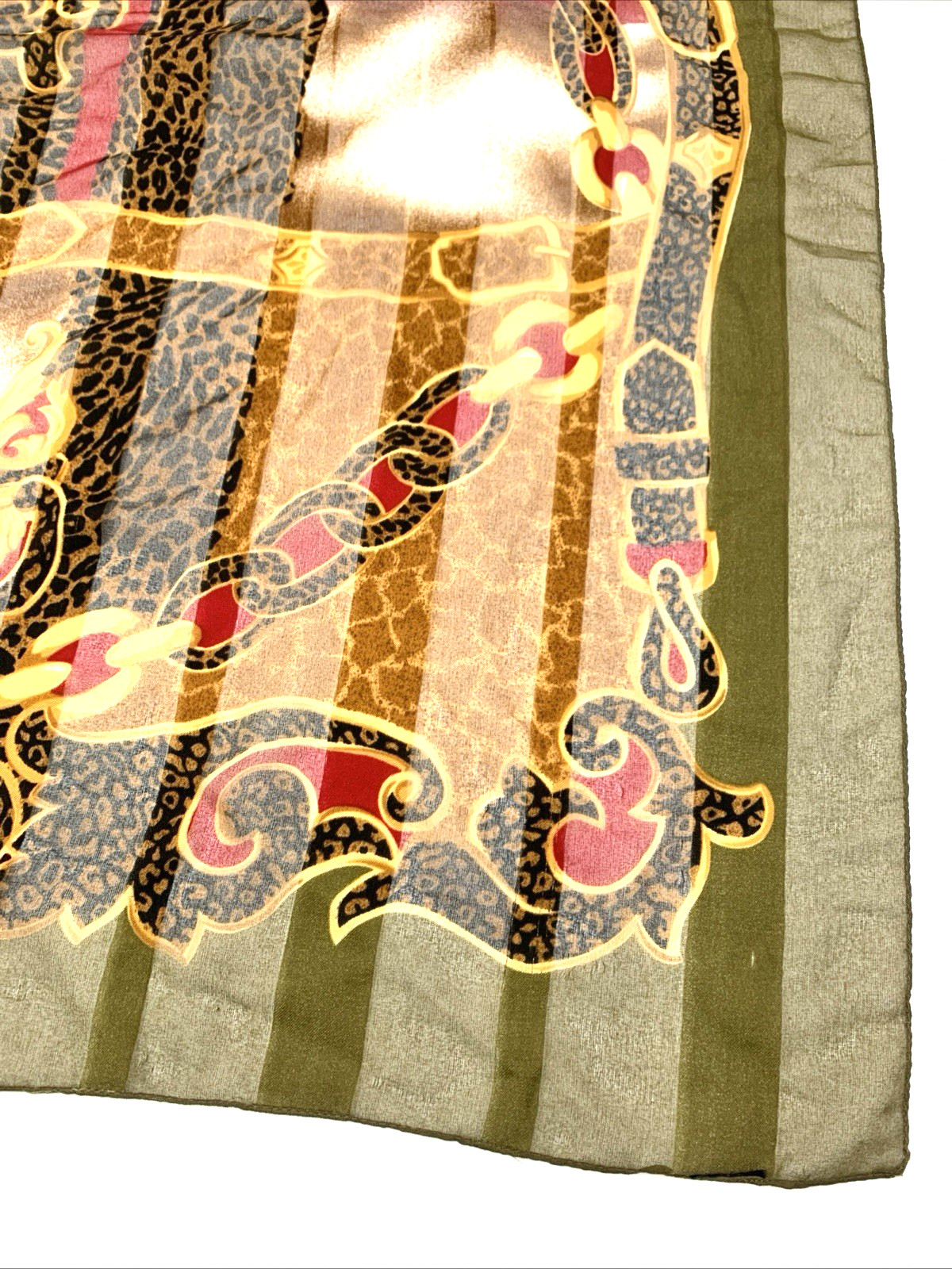 Animal Print Chain Design Scarf 34” Square OLIVE GREEN RED GOLD BLACK