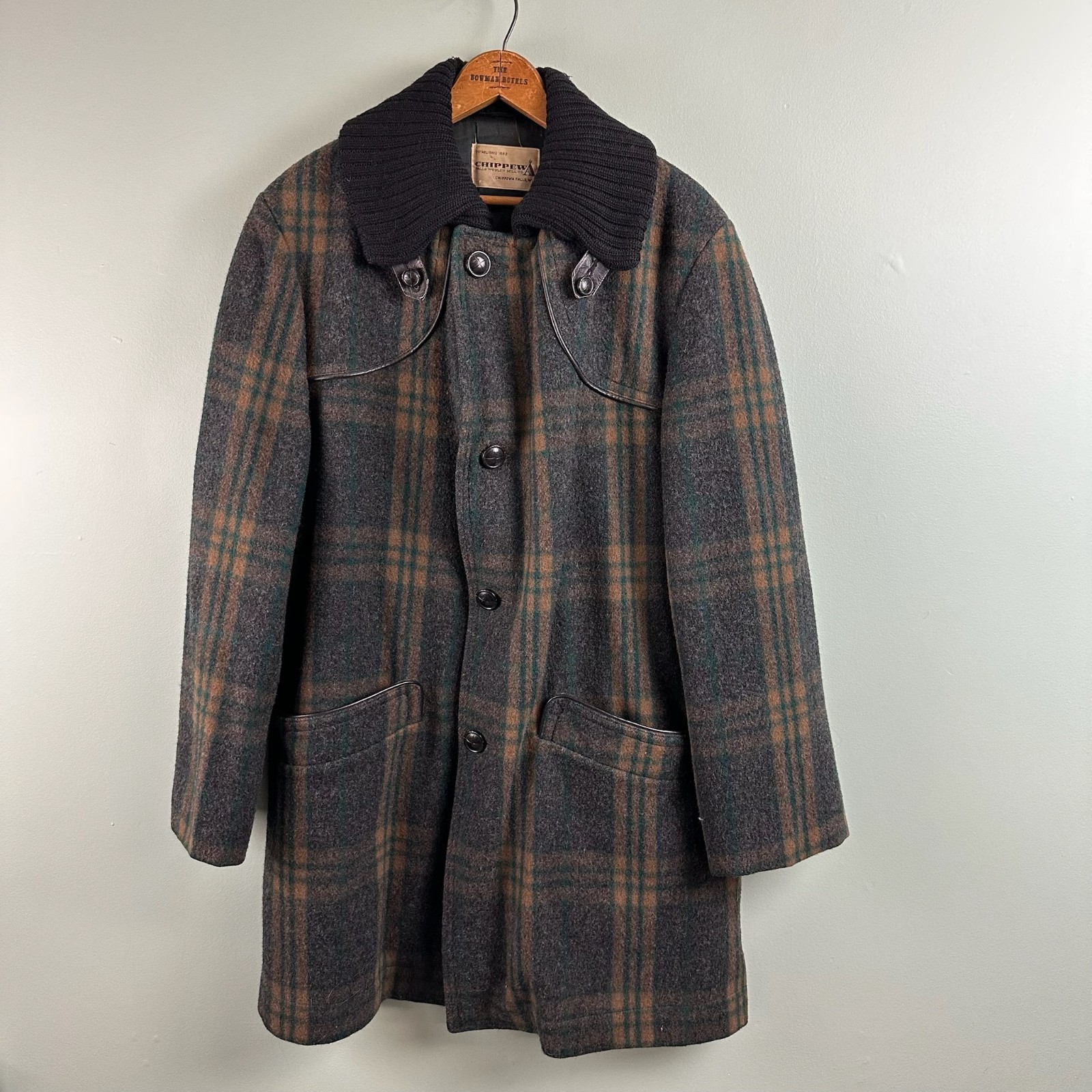 VTG 60s Chippewa Falls Woolen Mill Hunting Coat Plaid Wool Jacket Rib Collar XL?