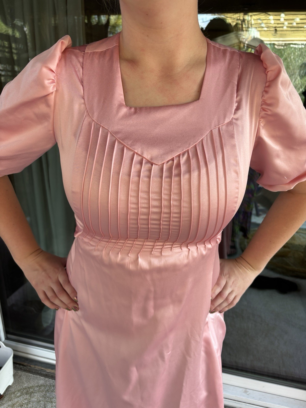 Vintage Handmade Satin Pink Tea Party Dress Size Small/Medium Made In USA