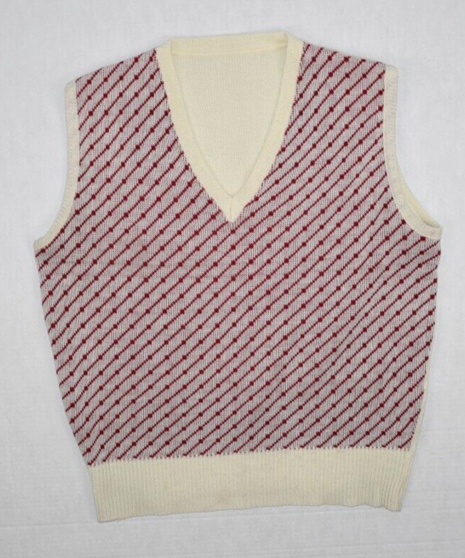 Vintage Sweater Vest Size M 70s Ivory Carmine Red V Neck Rope Stripe Mod Grunge