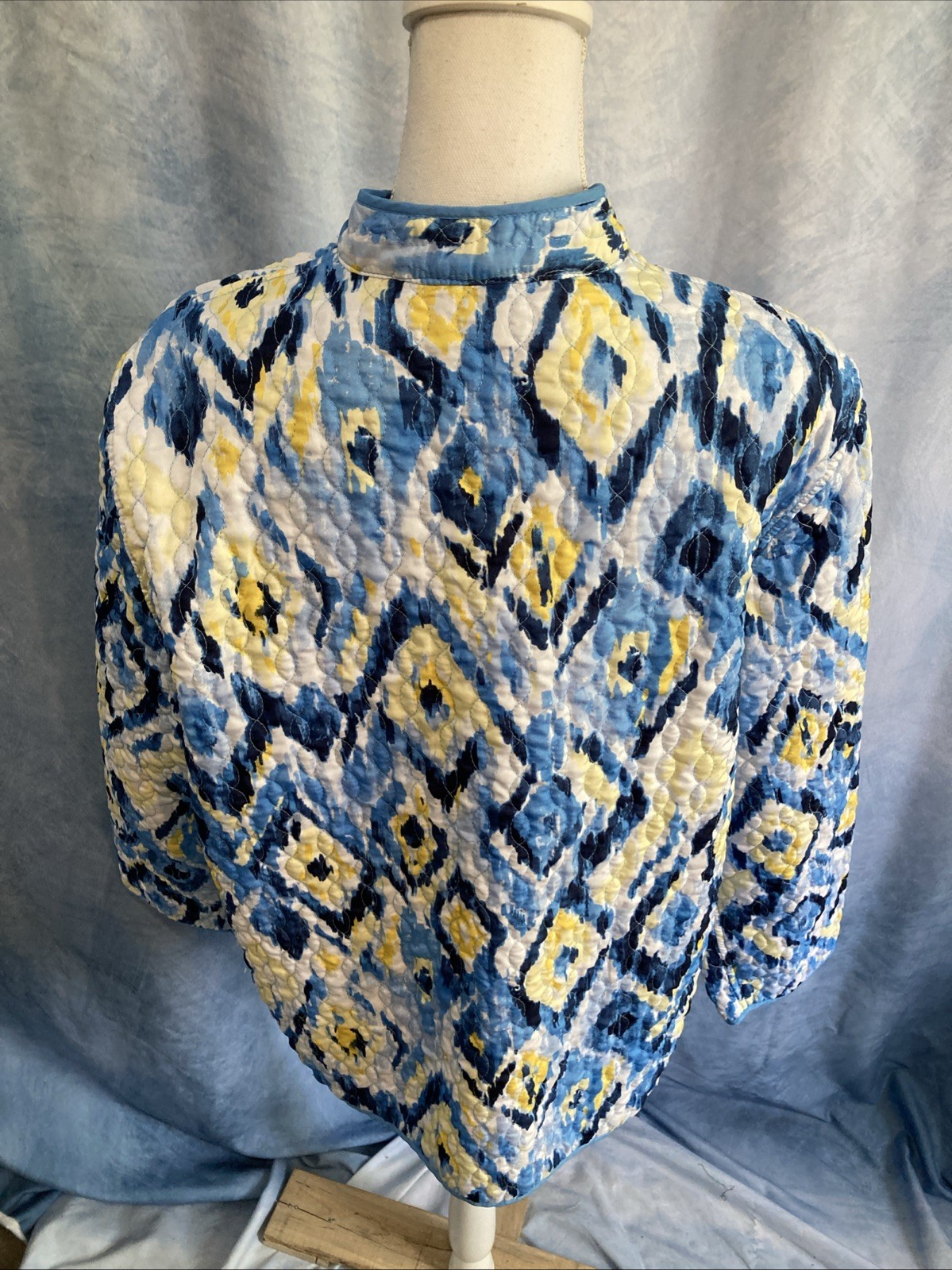 Vtg 90s Y2K Alfred Dunner Quilted Boho Jacket Plus 18 Blue Yellow Ikat Diamonds