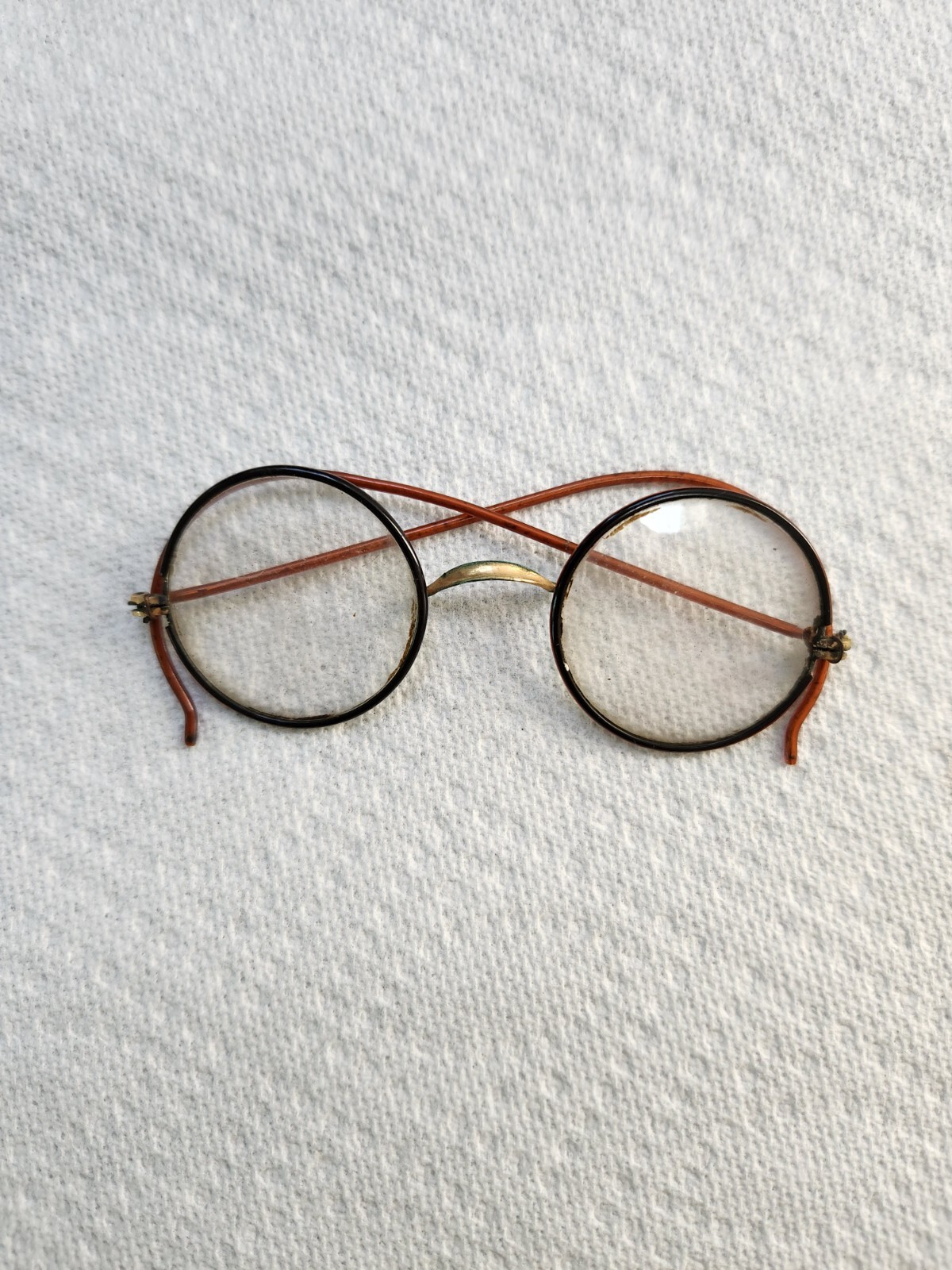Antique Child Size STOCO Windsor Eyeglasses Round Black Rim Gold Wire Unisex