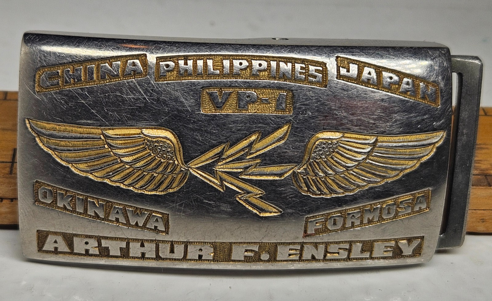 VTG US Navy VP-1 Patrol Squadran Belt Buckle Okinawa Formosa Japan Philippines