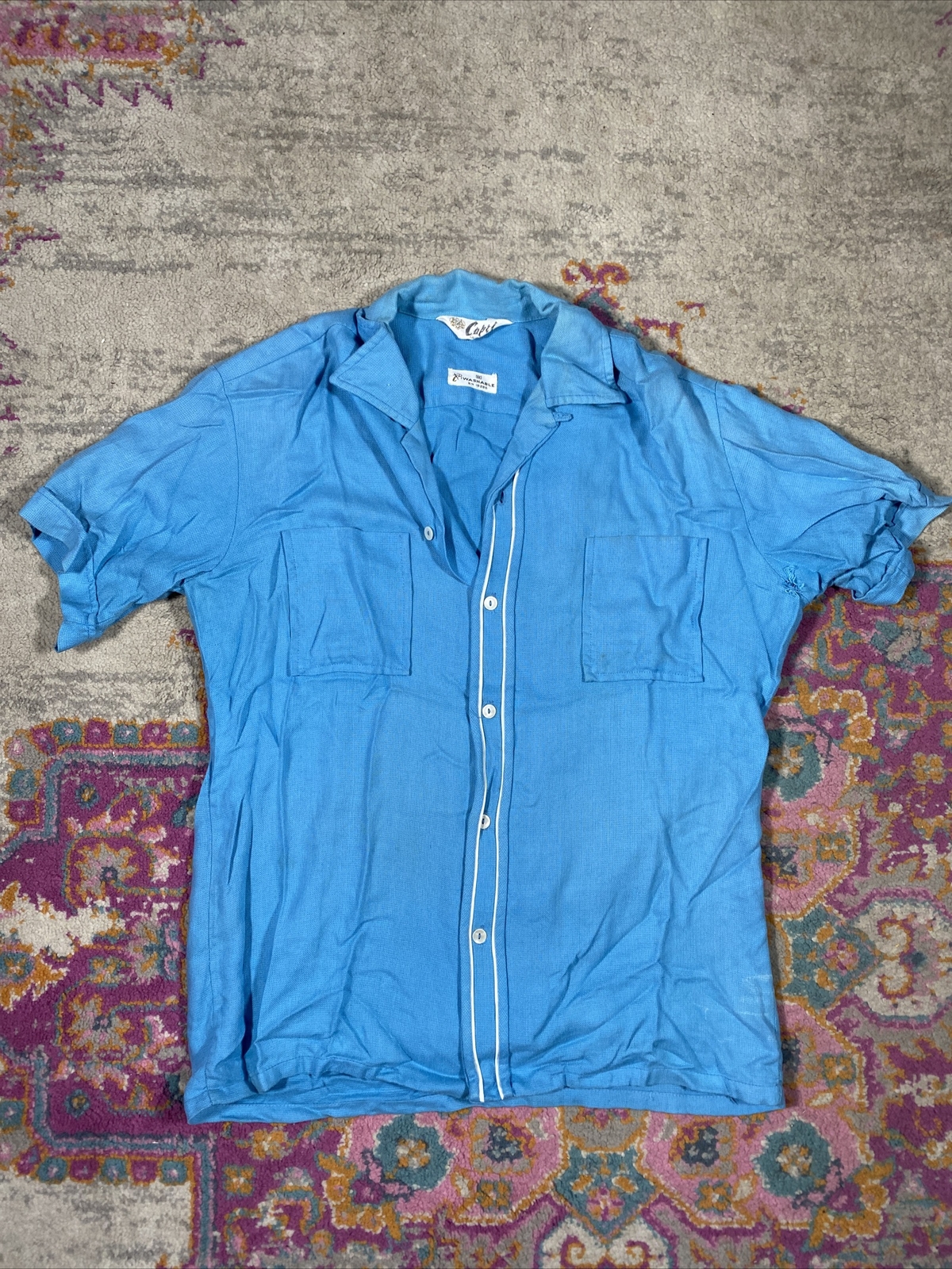 1950s Capri California Short Sleeve Button Down Shirt Medium Blue Vtg