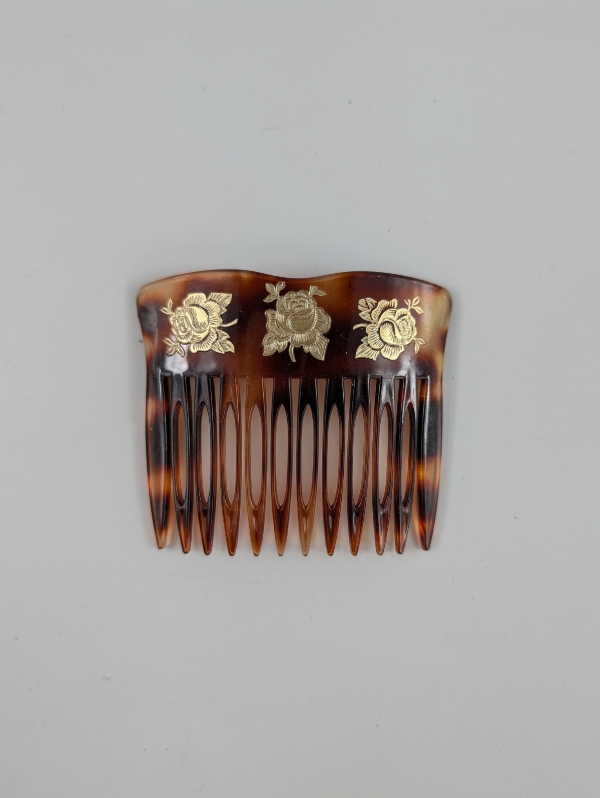 Vintage Faux Tortoise Shell Hair Comb Gold Rose Detail Made in France