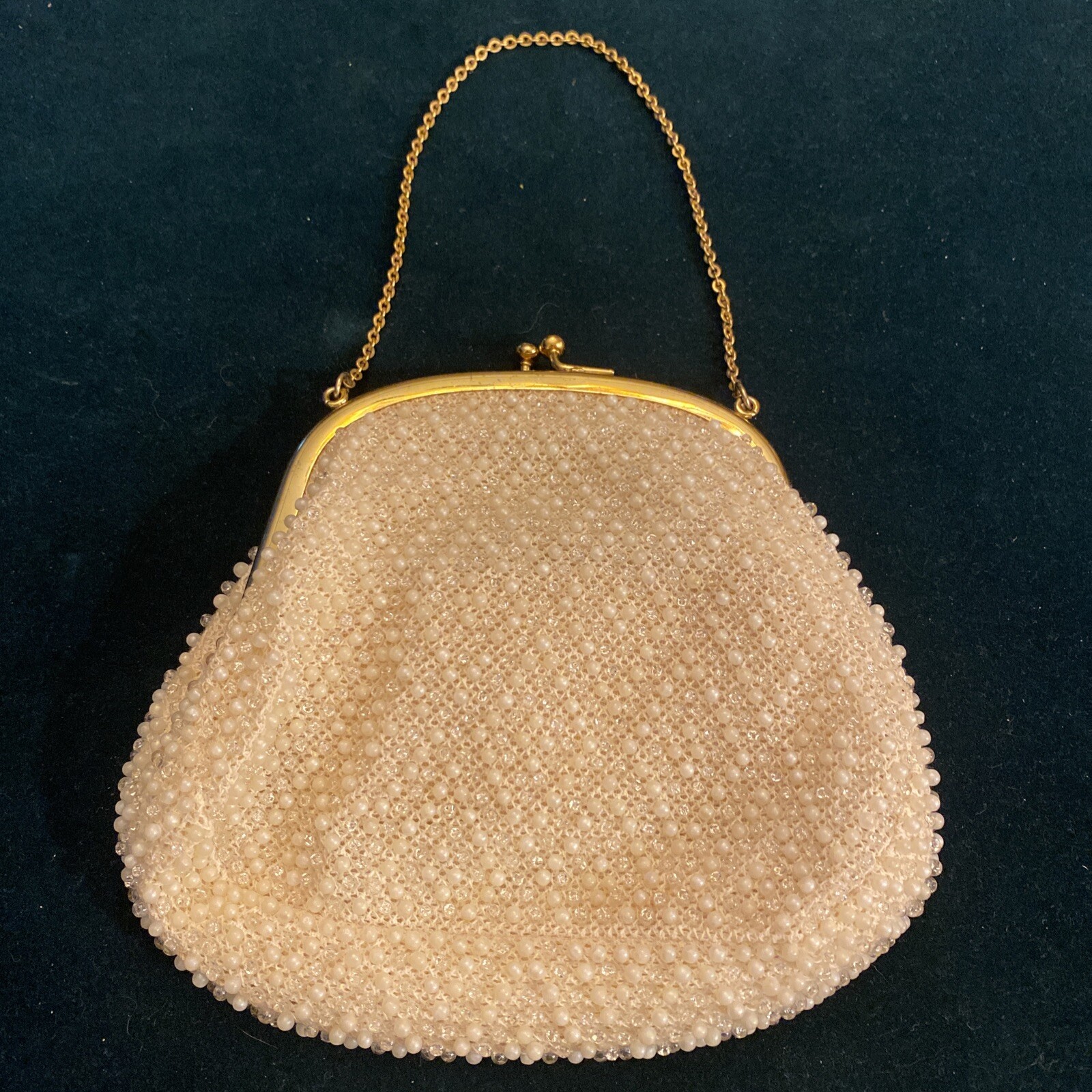 Vintage Corde-Bead By Lumured Evening Bag/ Clutch- Ivory Bead/ Gold Trim -USA