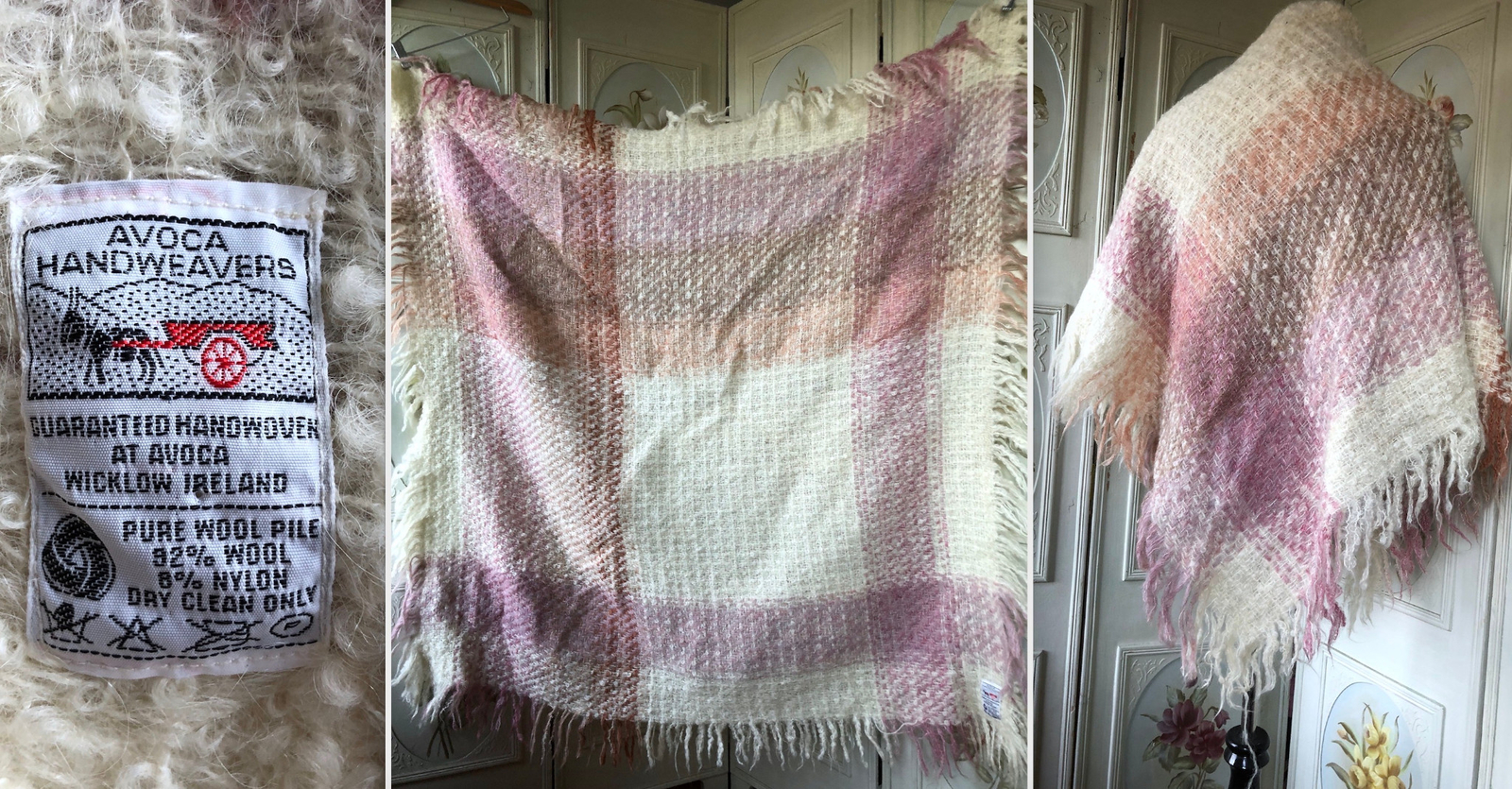 VTG AVOCA FUZZY WOOL SCARF FRINGE THROW CREAM LILAC PINK PEACH TAN IRELAND 64×48