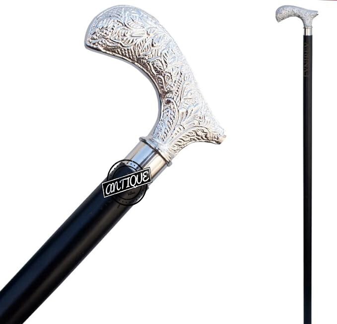 Silver Handle Walking Cane for Men, Black Wood Staff, Victorian Women Cane Gifts