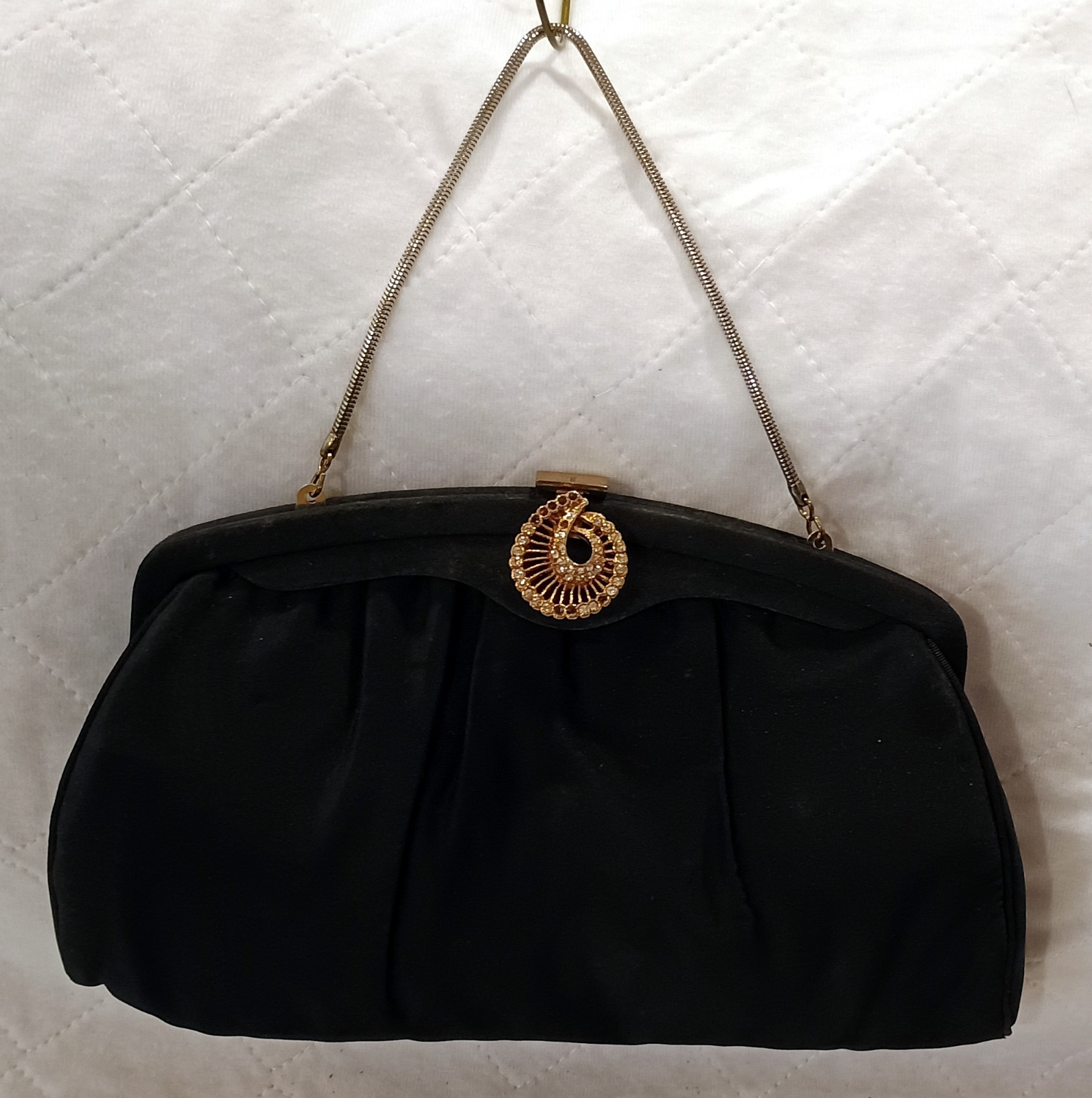 Vintage After Five Black Fabric Clutch w/ Ornate Gold-Tone Clasp & Snake Chain