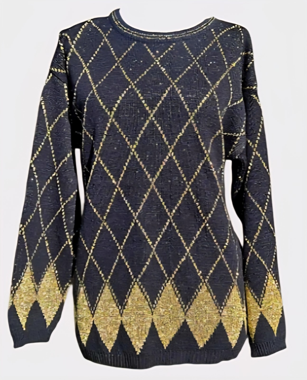 1980s KORET Black And Gold Lurex Argyle Sweater Diamond Pattern Size Medium
