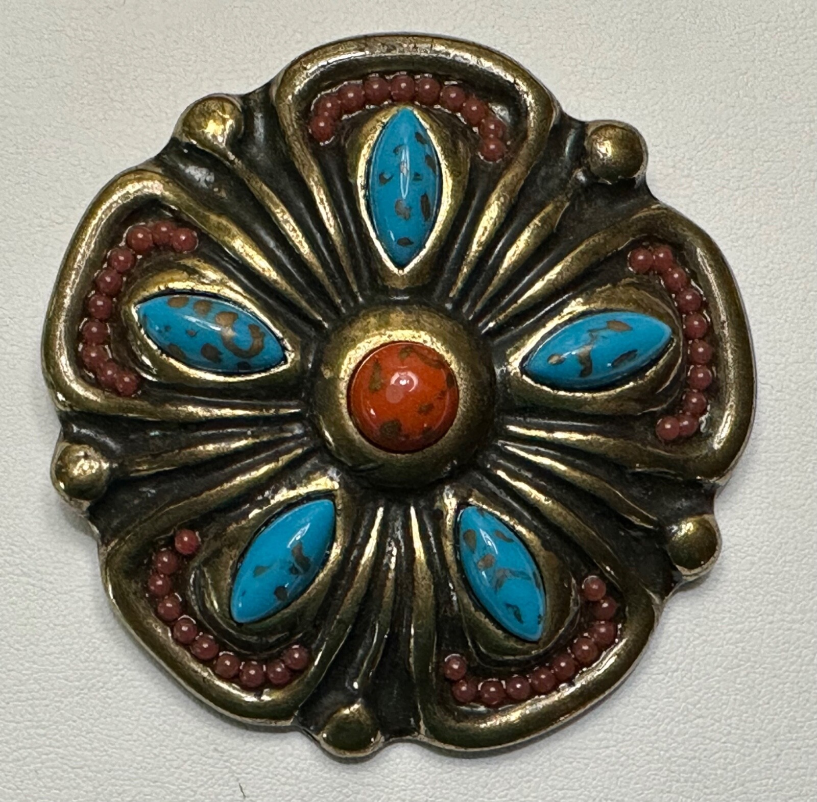 Southwestern Brass Faux Turquoise Coral Belt Buckle – Boho Festival – Fairy Core